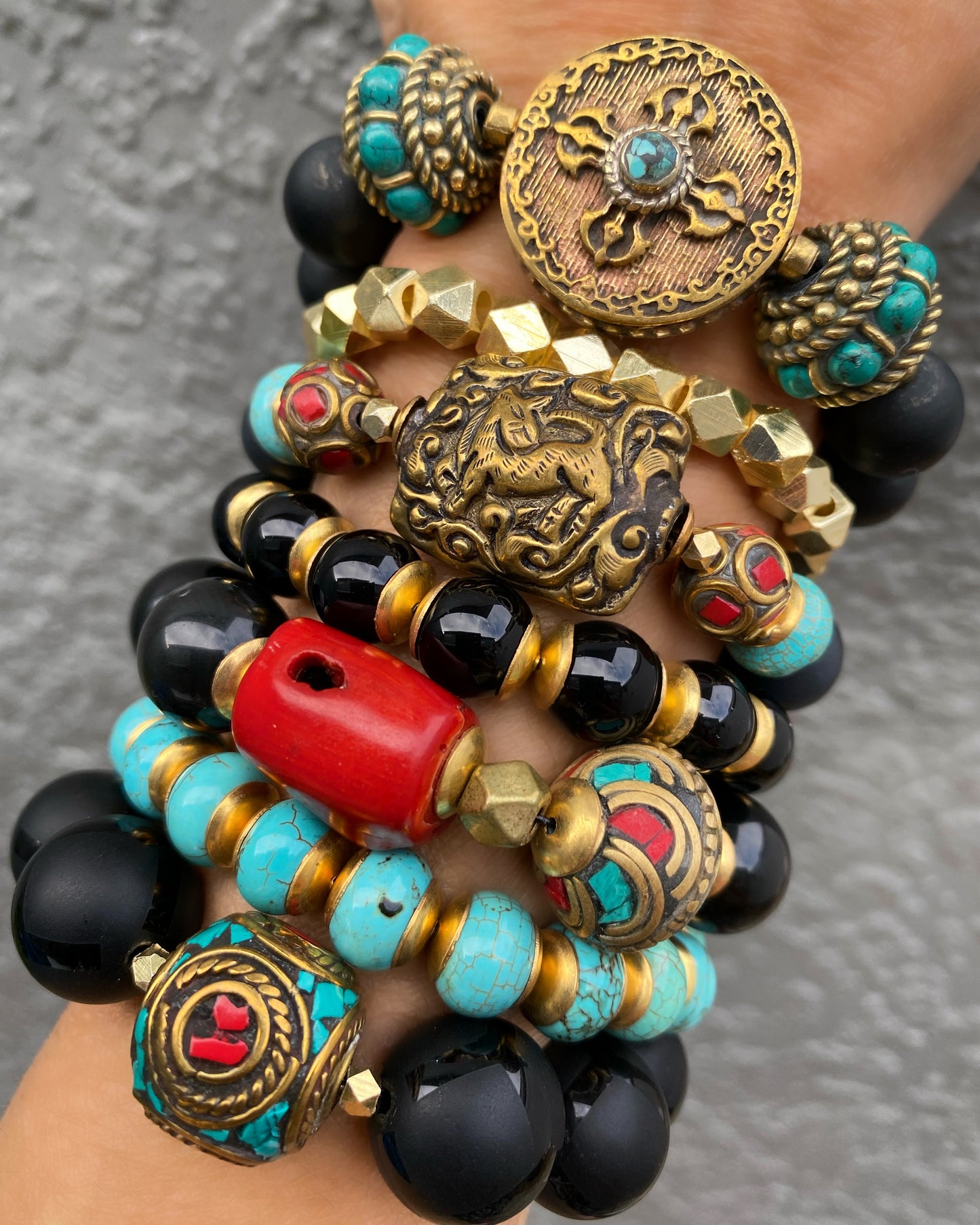 Essential Boho Collection Repousse, Matte Black Onyx and Turquoise Statement Stacker