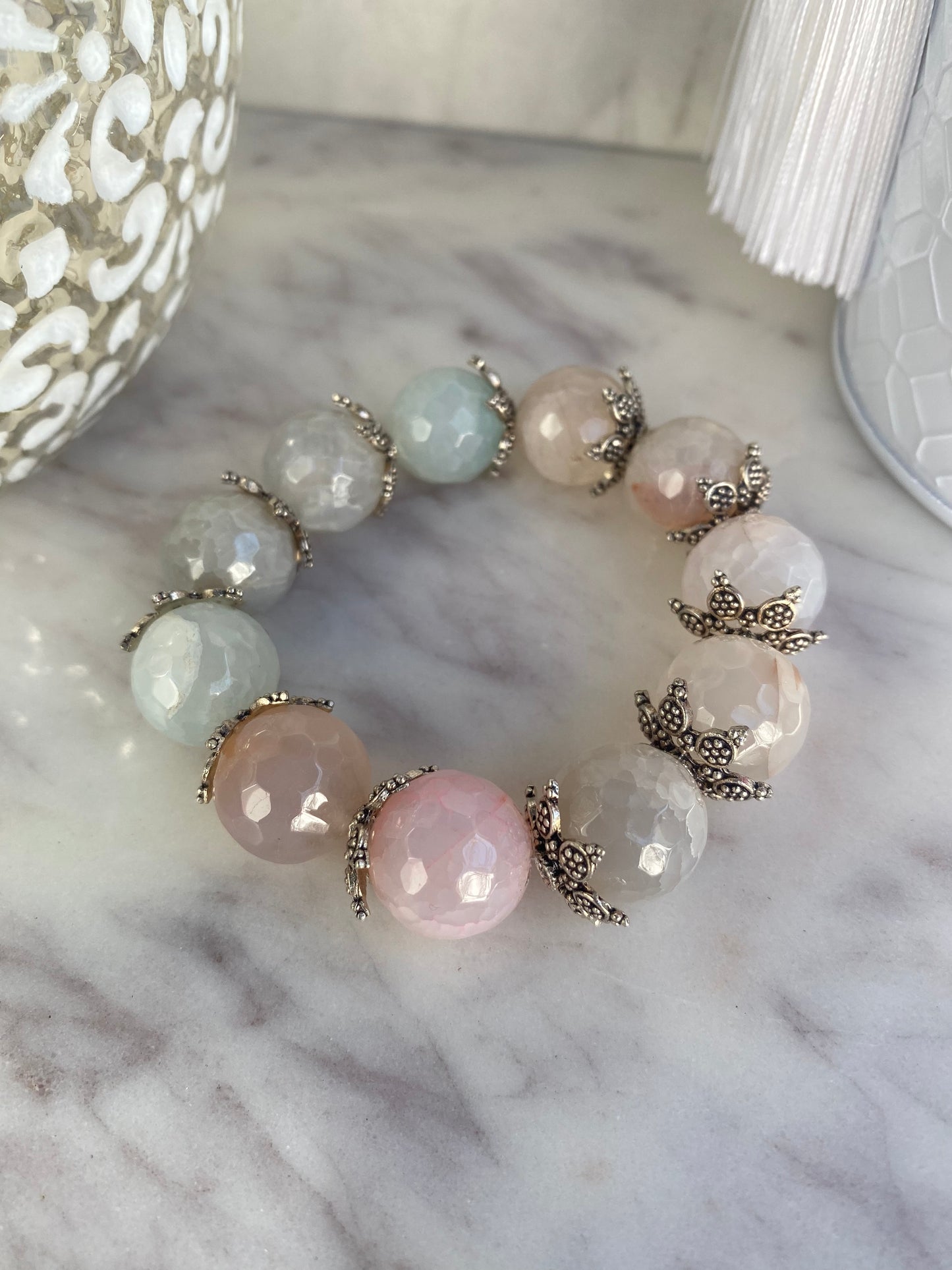 Shades of Pink Agate and Silver Plated Star Bead Caps Statement Stacker