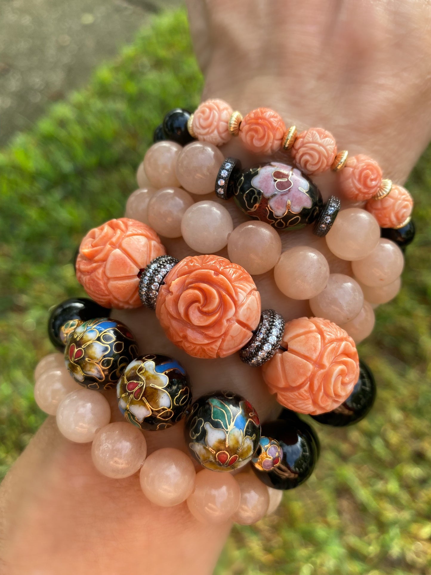 Memoirs of a Geisha Peach Chalcedony and Cloissone Stacker