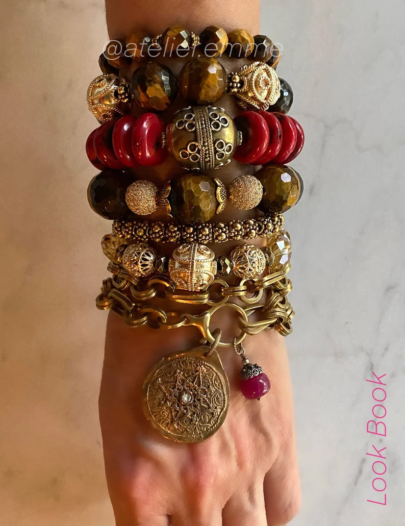 Boho Luxe Collection Coral Rondelle with Afghan Tribal Focal Bead Chunky Stacker