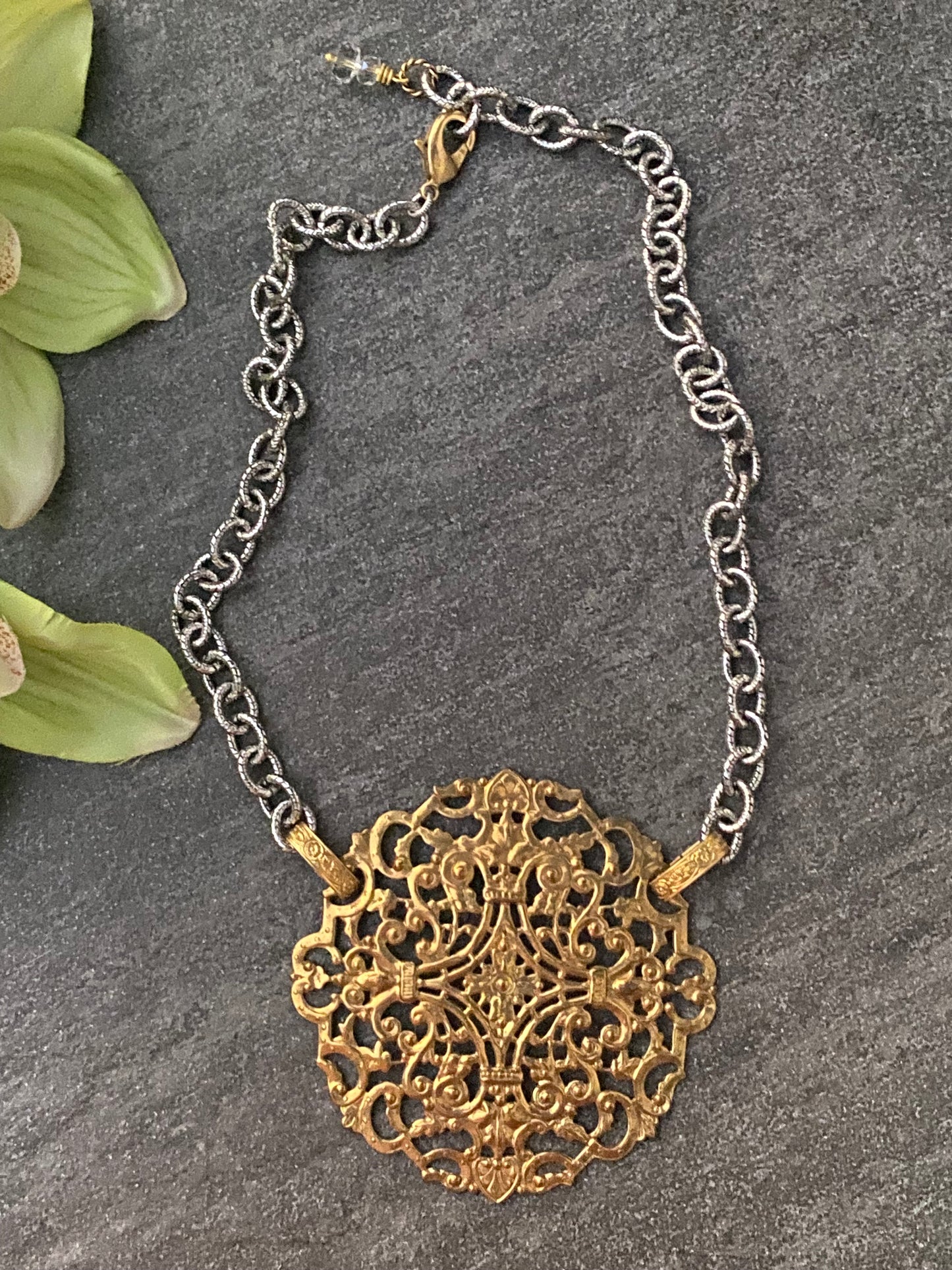 La Belle Époque Collection Vintage Brass Medallion Necklace