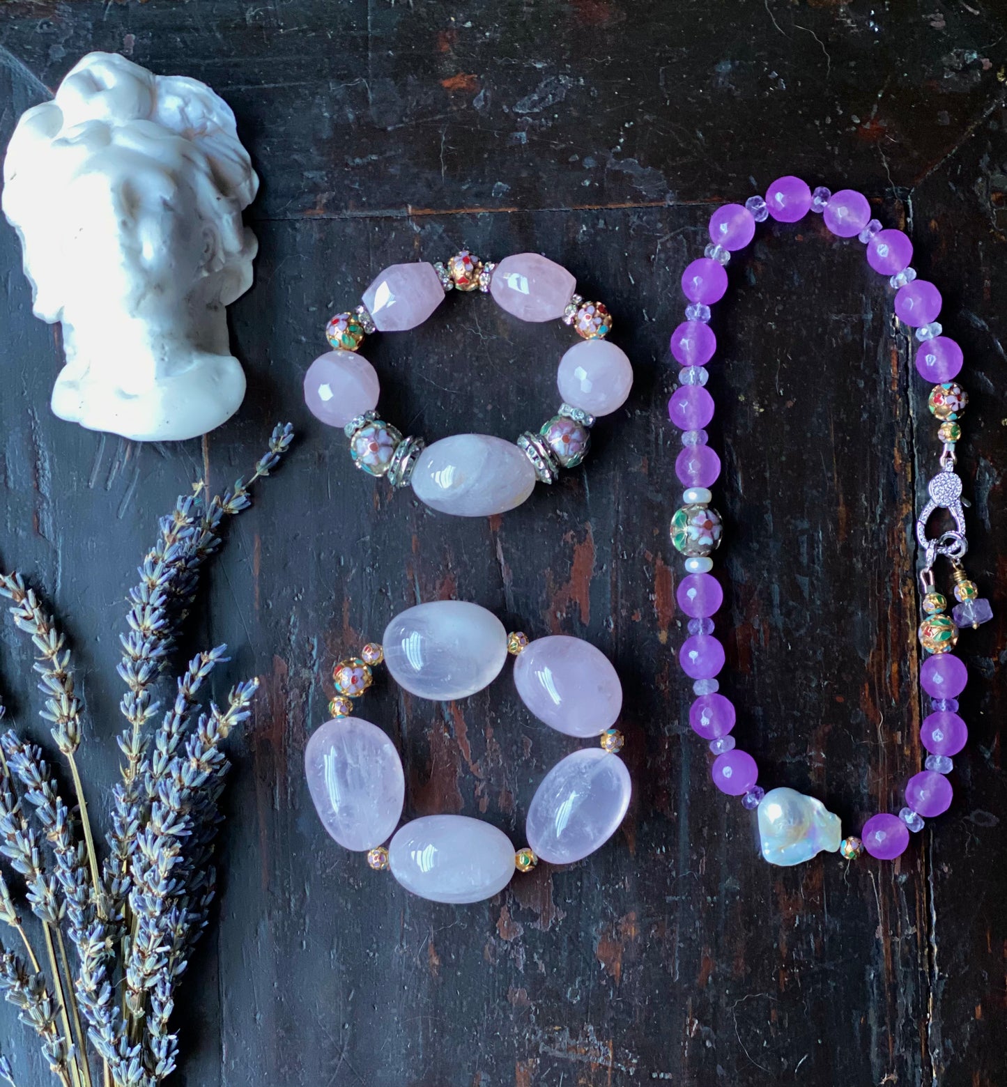 Blossom Collection Lavender Chalcedony, Amethyst and Vintage Cloissone Necklace
