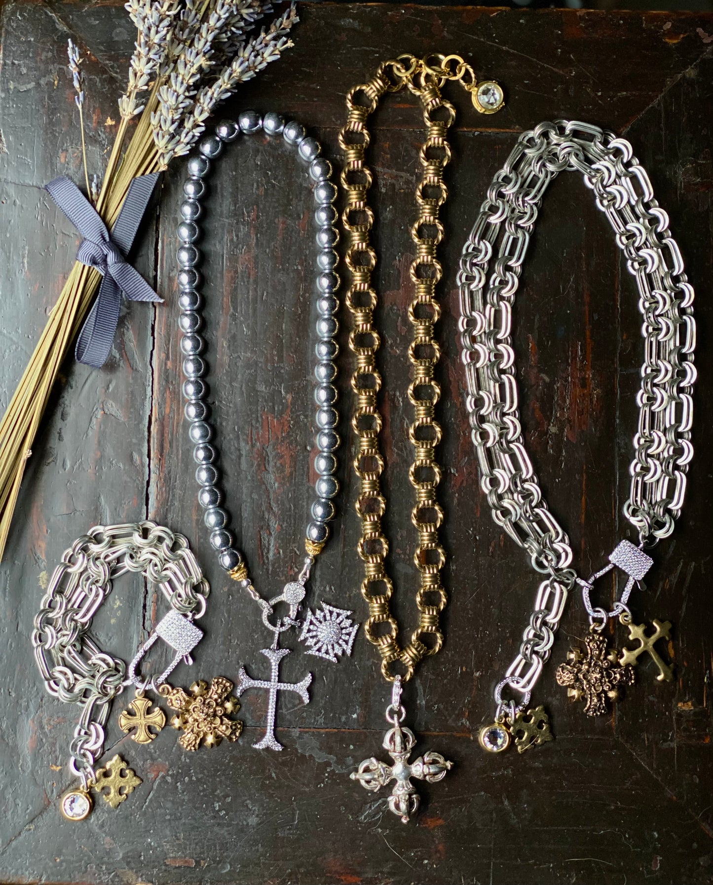 Talismans and Amulets Collection Crosses Hematite Mixed Metals Layering Necklace