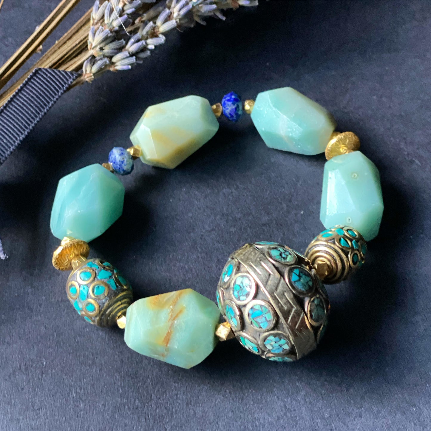 Boho Luxe Collection Tibetan Focal Amazonite and Lapis Statement Stacker