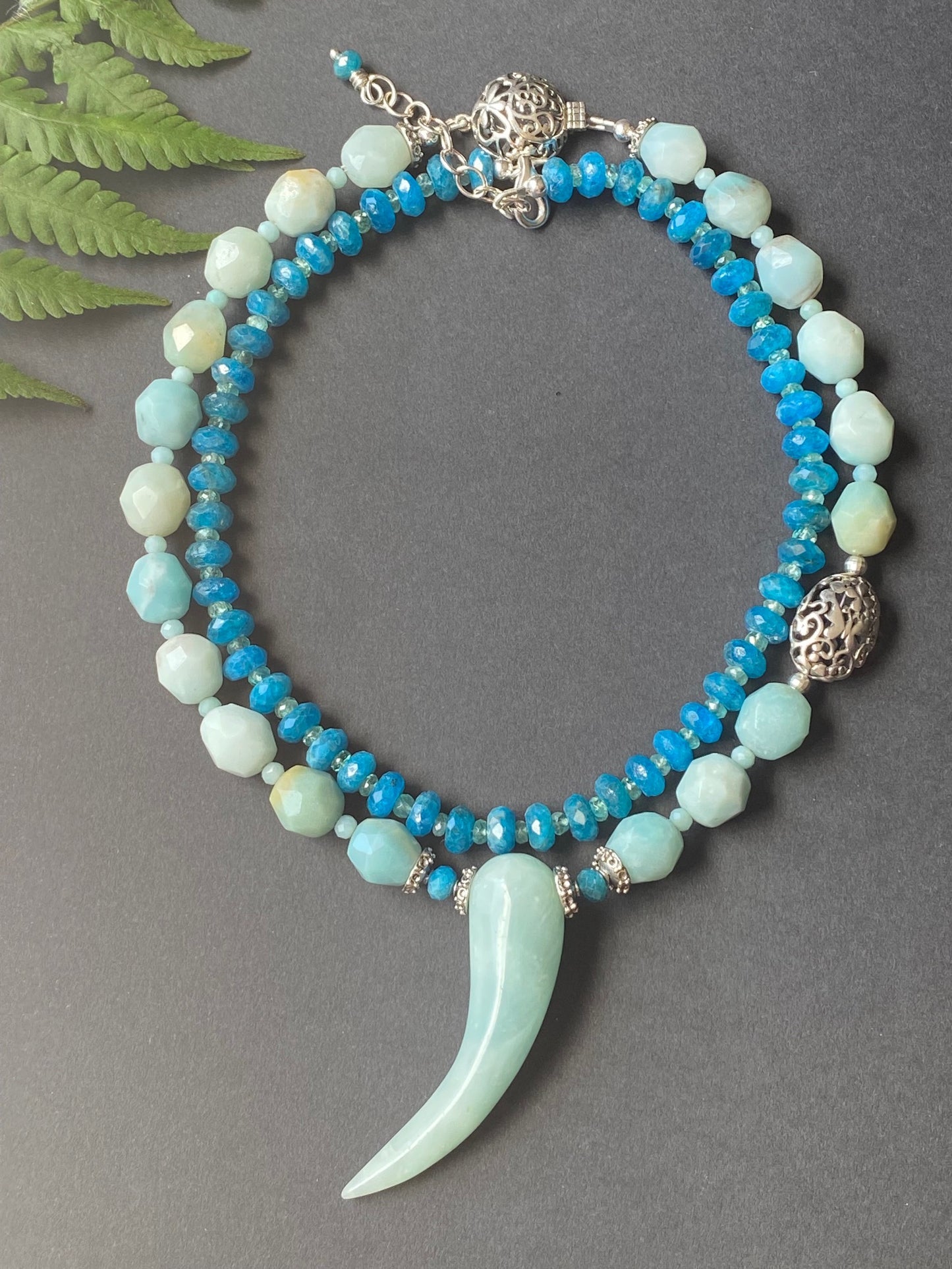 Talismans and Amulets Collection Faceted Amazonite with Aquamarine Cornicello Necklace