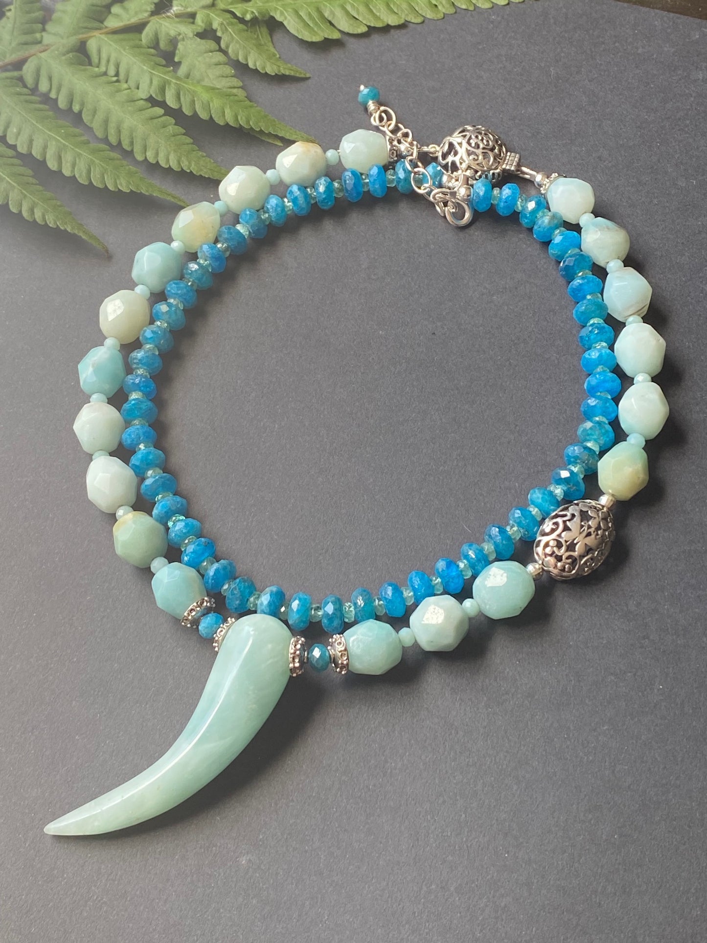 Talismans and Amulets Collection Faceted Amazonite with Aquamarine Cornicello Necklace