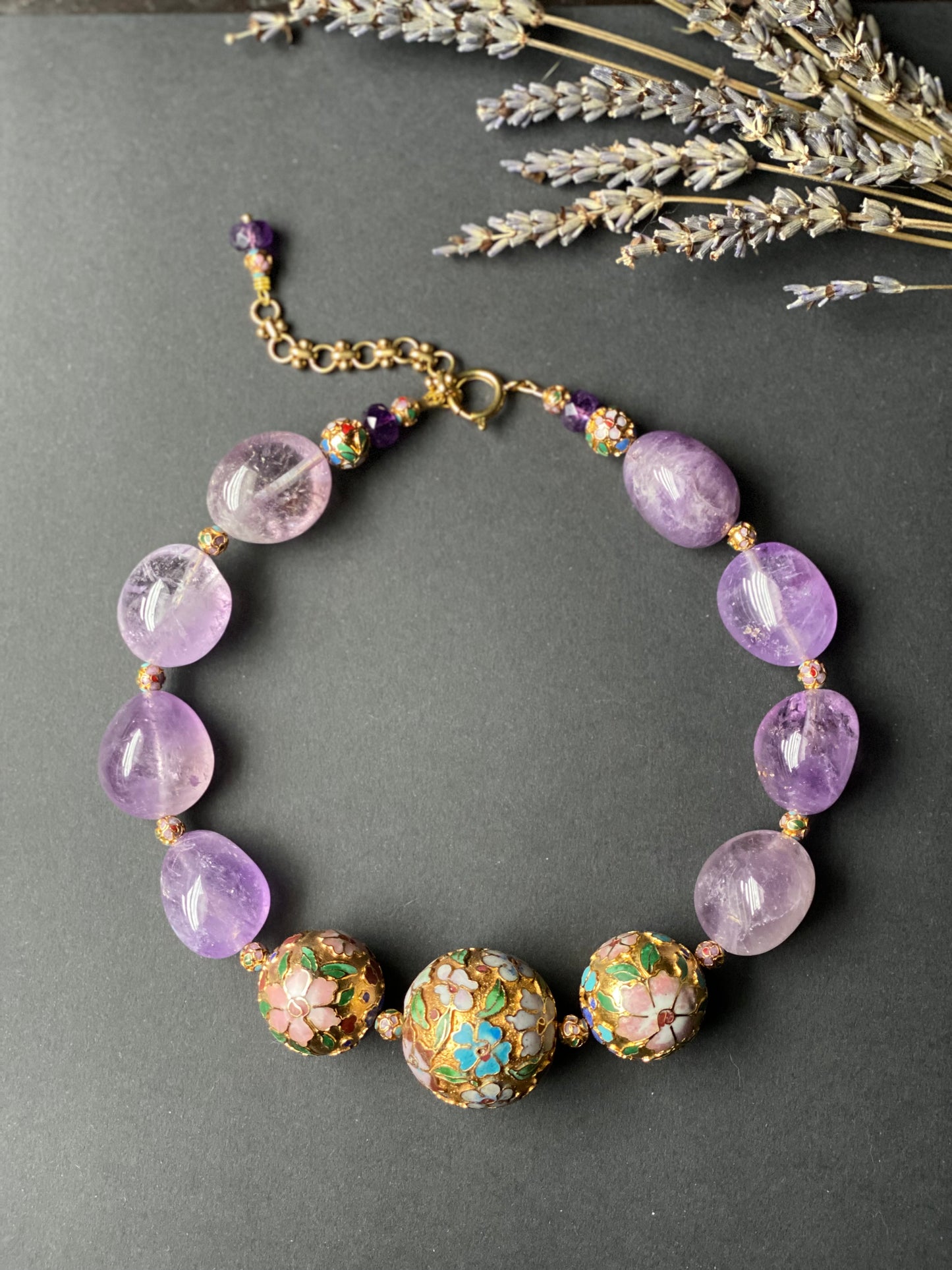 Memoirs of a Geisha Amethyst and Vintage Cloissone Peony Necklace