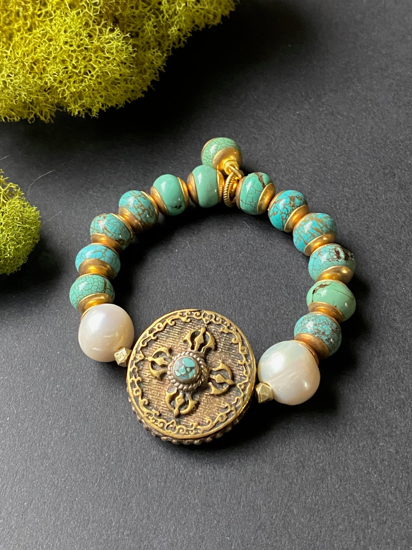Talismans and Amulets Collection Double Dorje Medallion Turquoise Bracelet