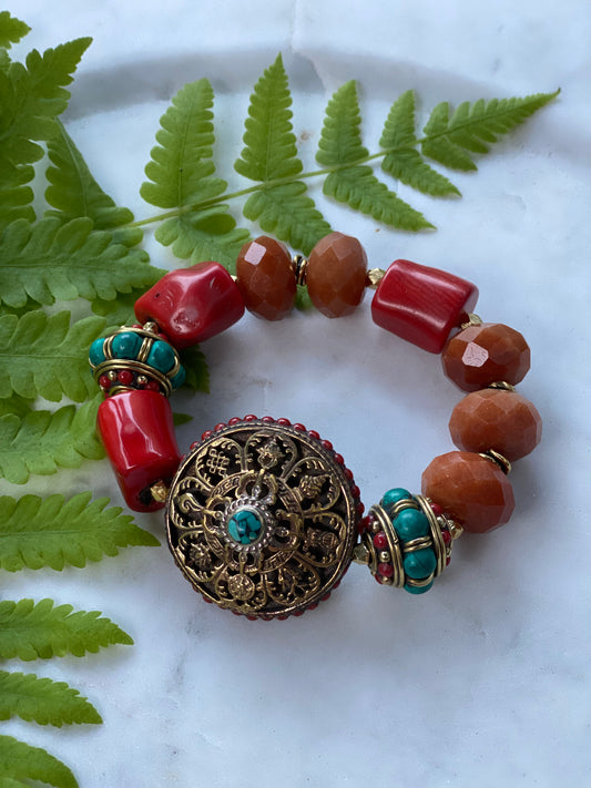 Boho Luxe Collection Tibetan Focal Aventurine and Bamboo Coral Statement Stacker