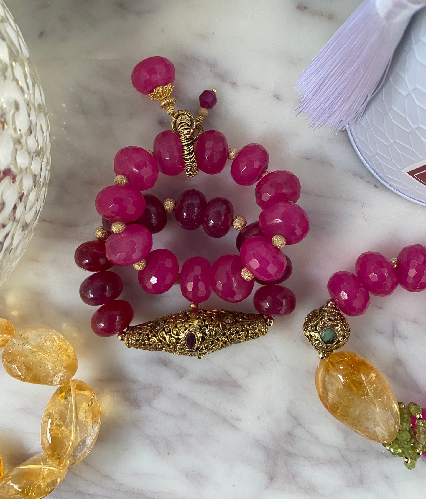 Shades of Pink Faceted Fuchsia Jade Statement Stacker