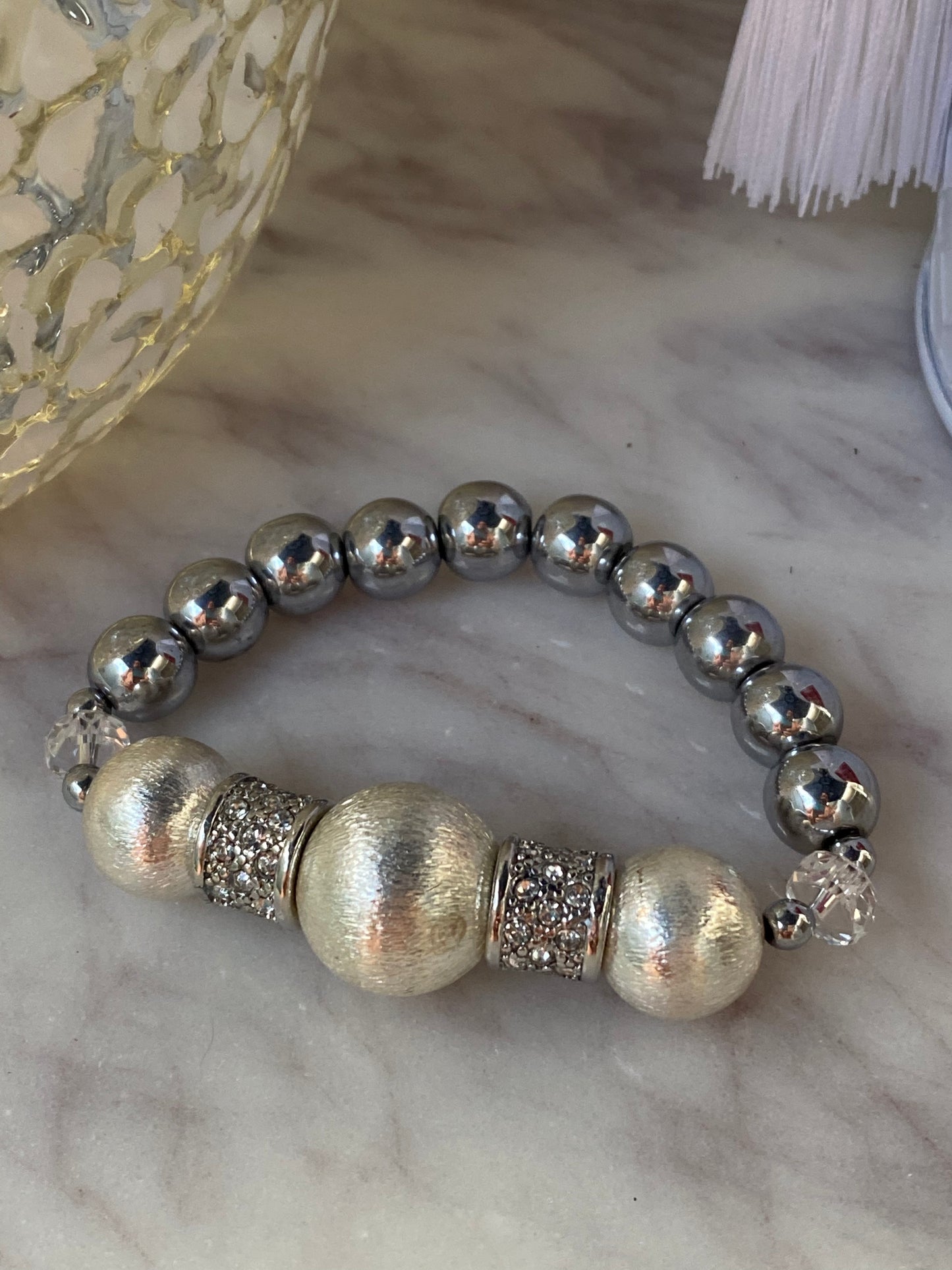 Essential Boho Collection Brushed Silver Plate and Hematite Stacker