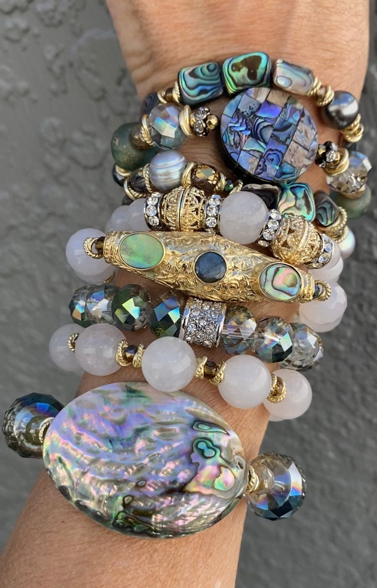 Bella Abalone Collection White Onyx and Crystal Statement Stacker