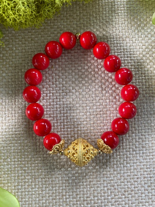 Memoirs of a Geisha Deux Red Coral and 24K Gold Plated Filigree Chunky Stacker