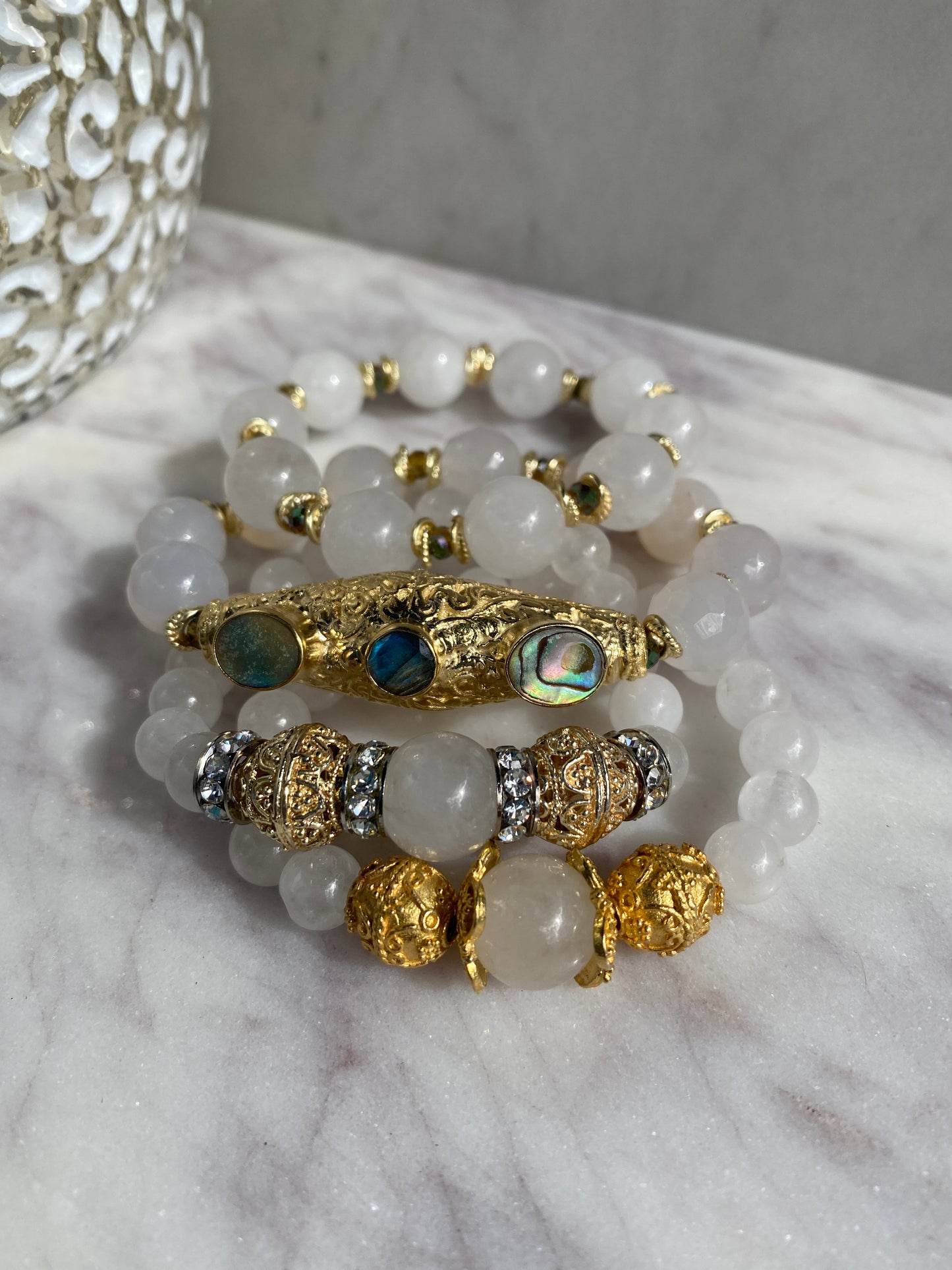 Bella Abalone Collection White Chalcedony and 22K Gold Plated Focal Stacker