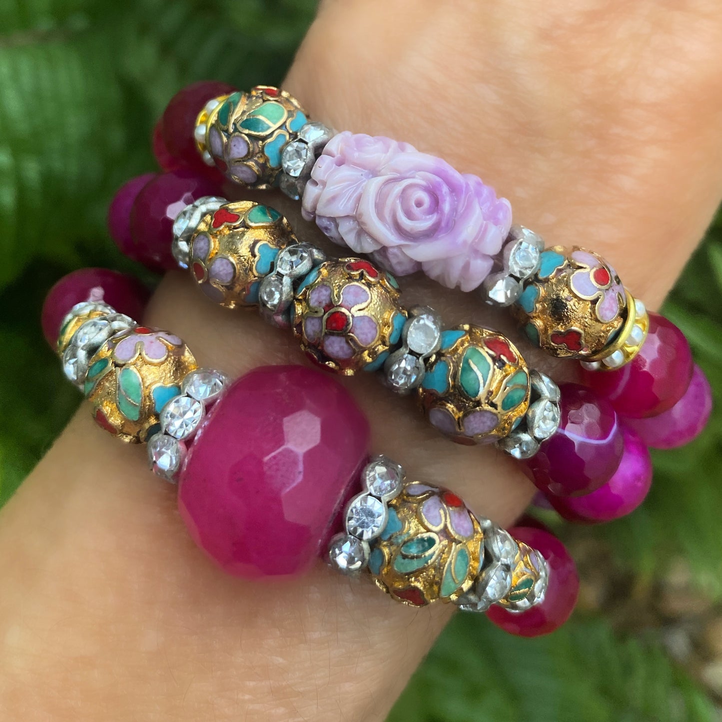 Shades of Pink Fuchsia Agate and Vintage Cloissone Mini Stacker