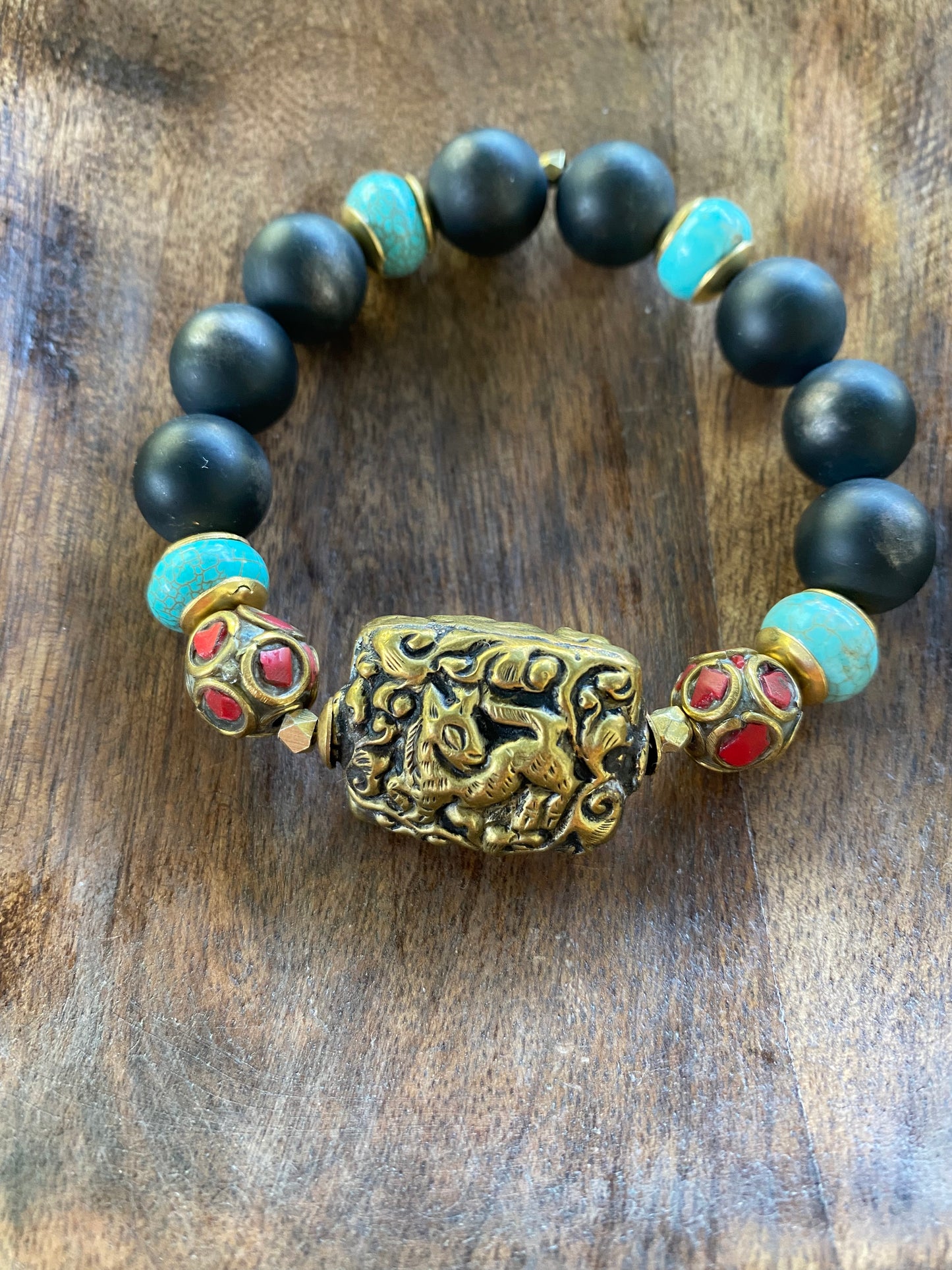 Essential Boho Collection Repousse, Matte Black Onyx and Turquoise Statement Stacker