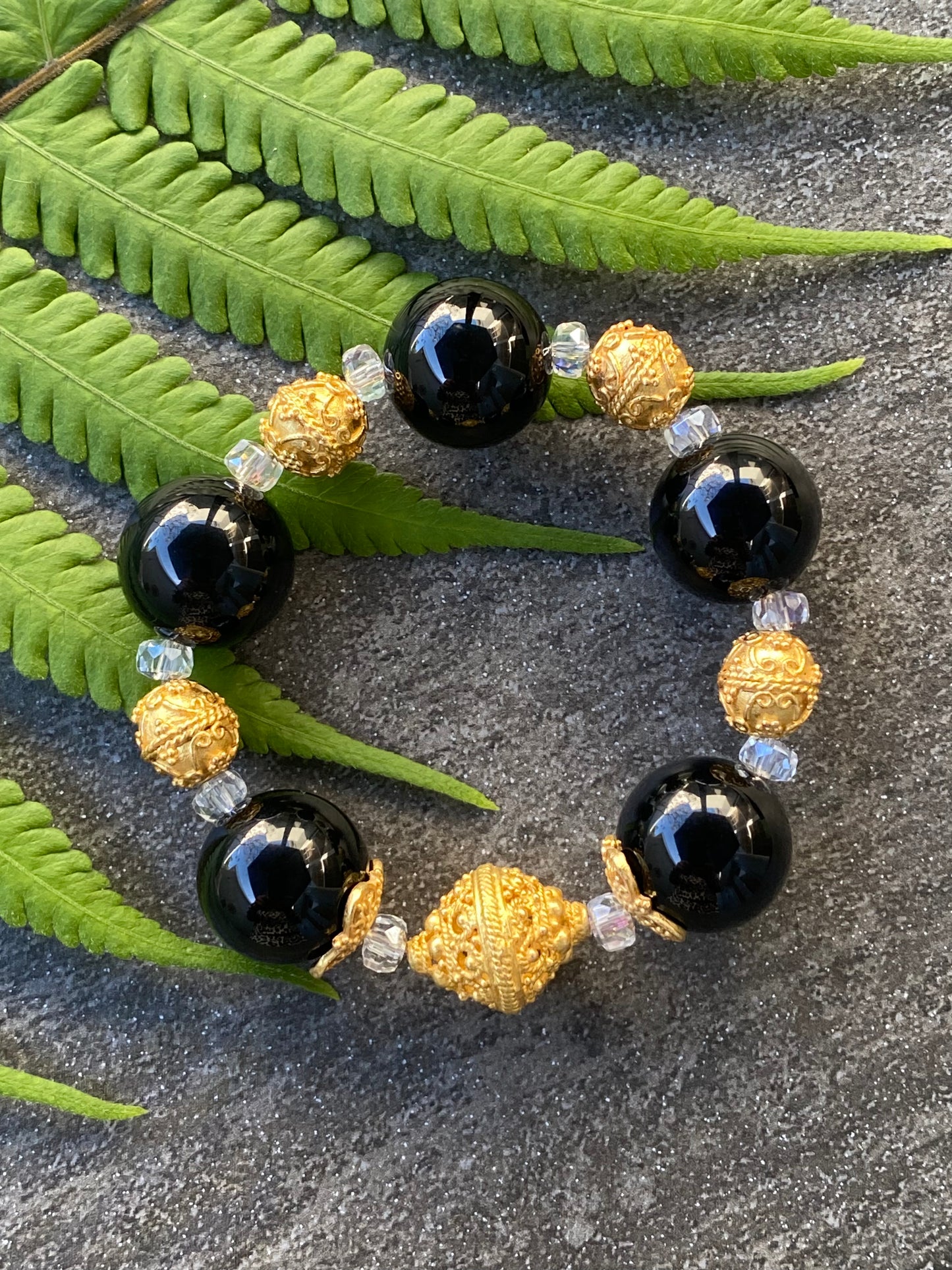 Boho Luxe Collection Onyx and 22K Gold Plated Milgrain Accents Chunky Stacker