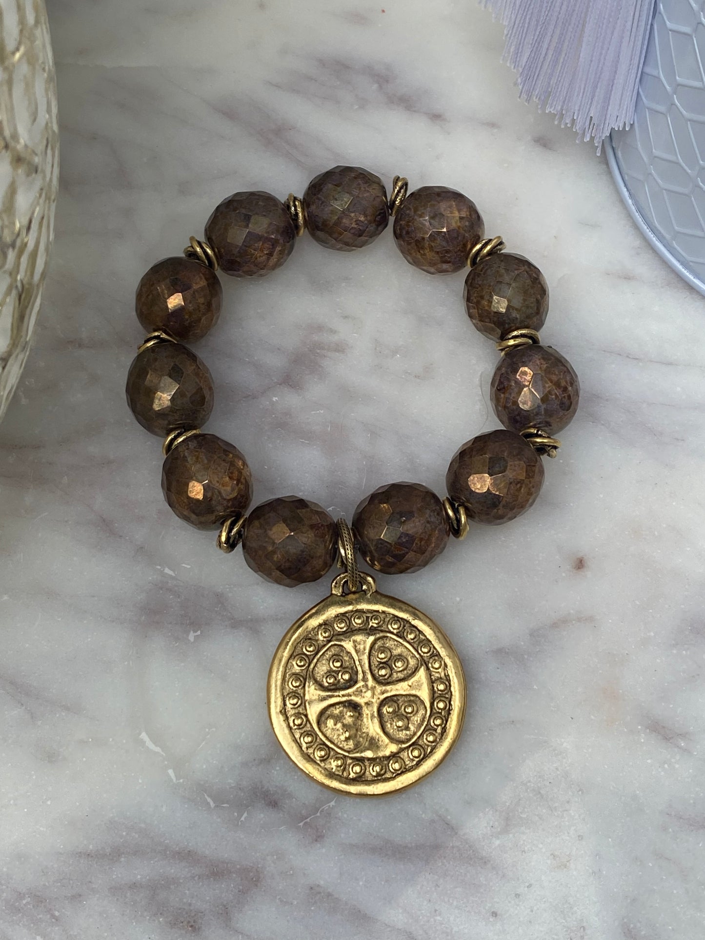 Essential Boho Collection Bronze Czech Crystal with Cross Medal