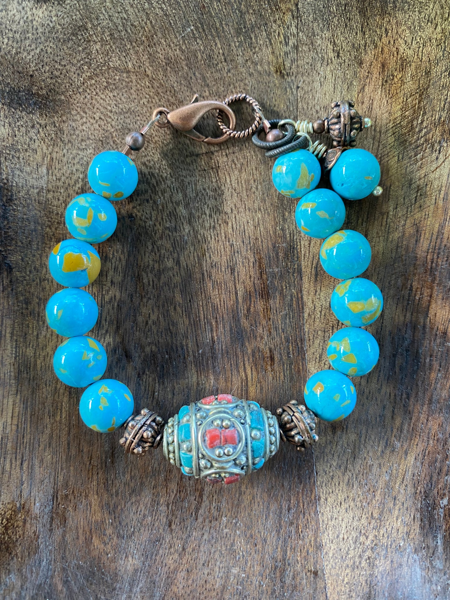 Gypsy Collection Sediment Jasper and Bamboo and Turquoise Tibetan Focal Bead Chunky Stacker