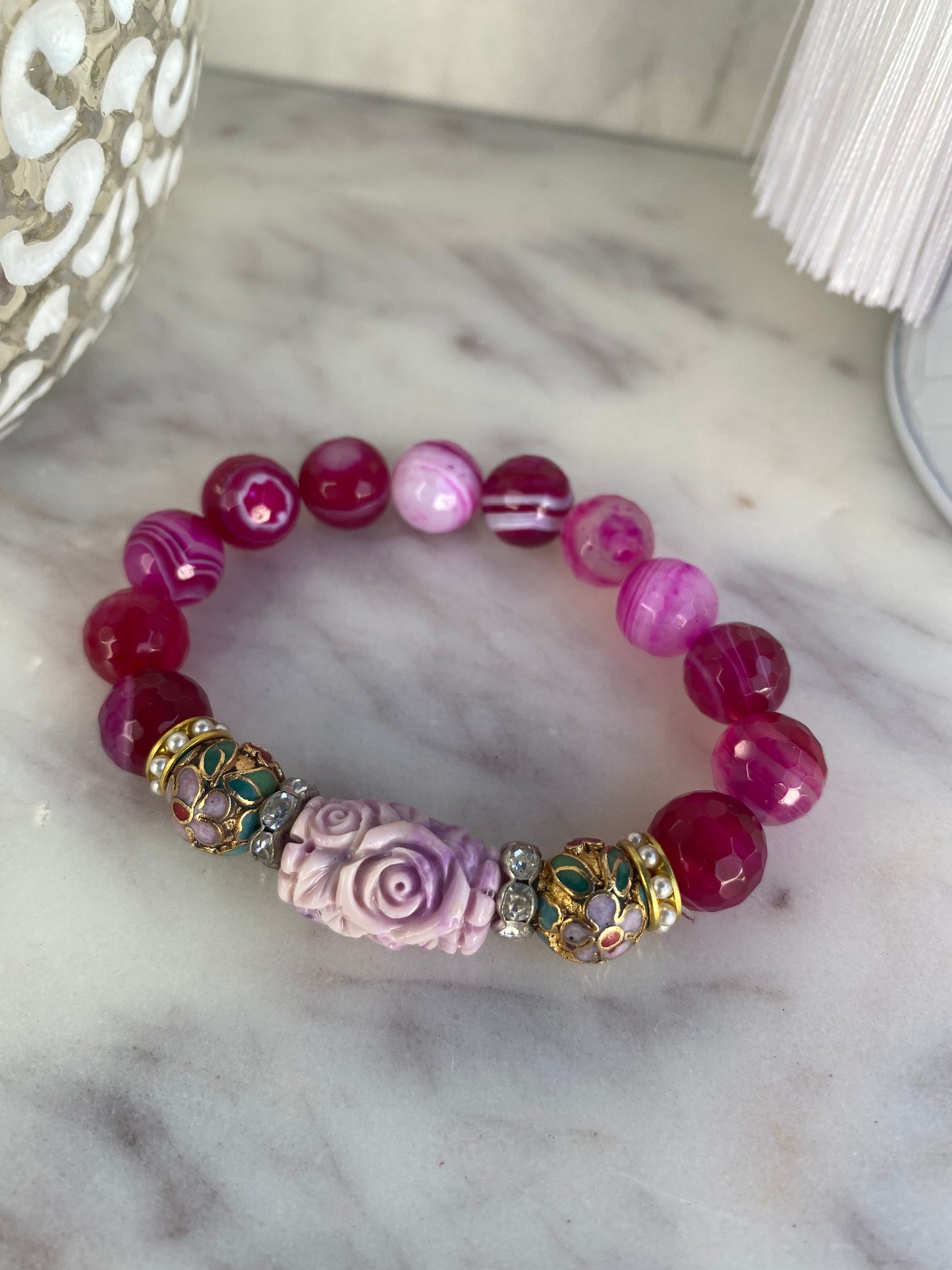 Shades of Pink Fuchsia Agate and Vintage Carved Resin Focal Mini Stacker