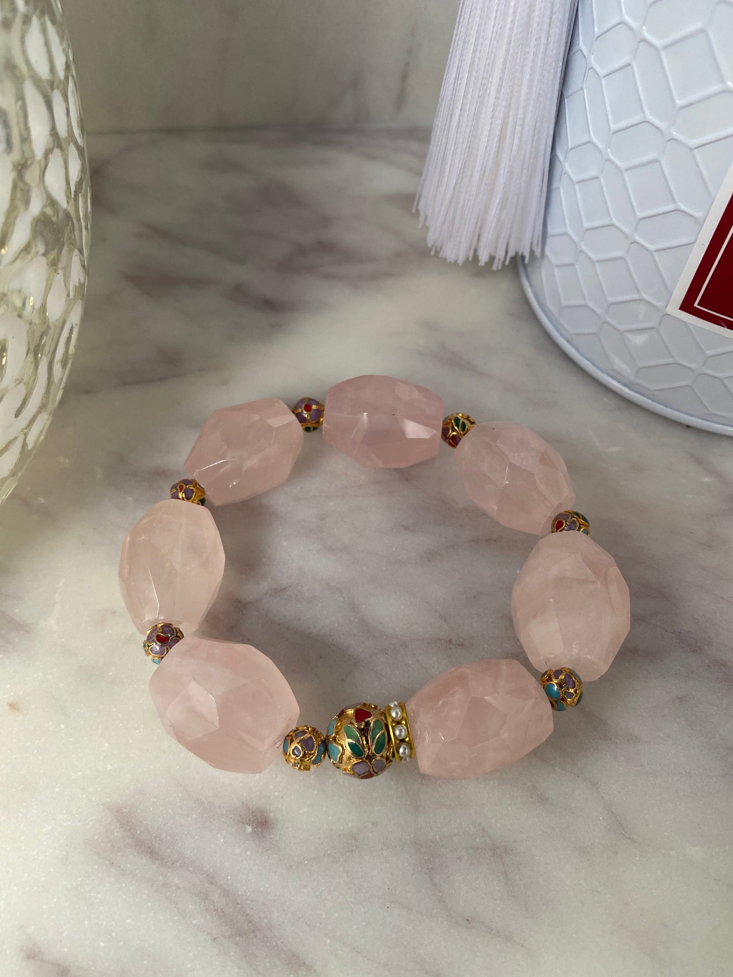 Shades of Pink Rose Quartz and Vintage Cloissone Statement Stacker