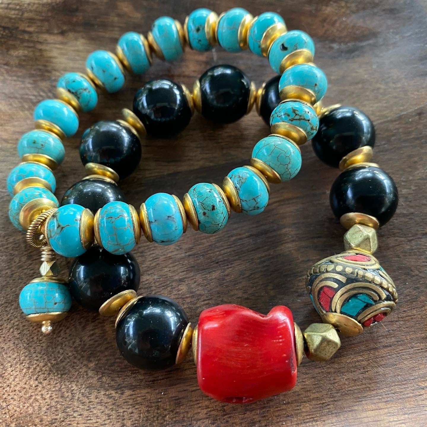 Essential Boho Collection Onyx and Red Coral Statement Stacker