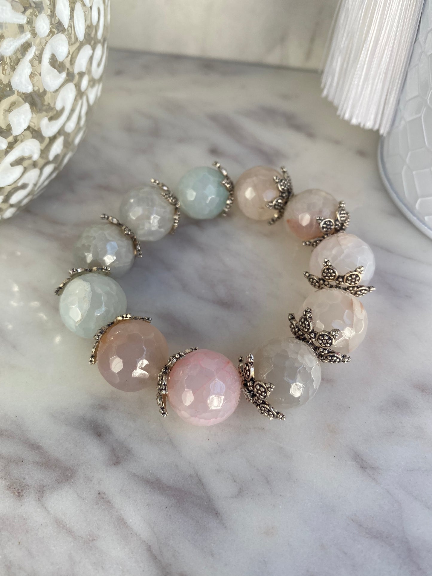 Shades of Pink Agate and Silver Plated Star Bead Caps Statement Stacker