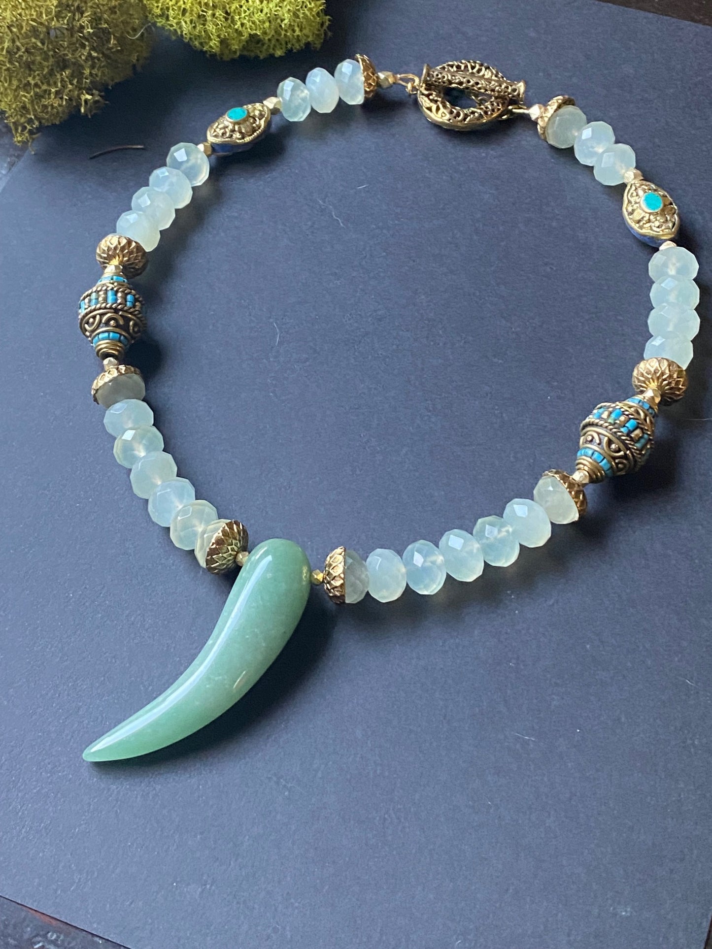 Talismans and Amulets Collection Faceted Chalcedony with Aventurine Cornicello Necklace