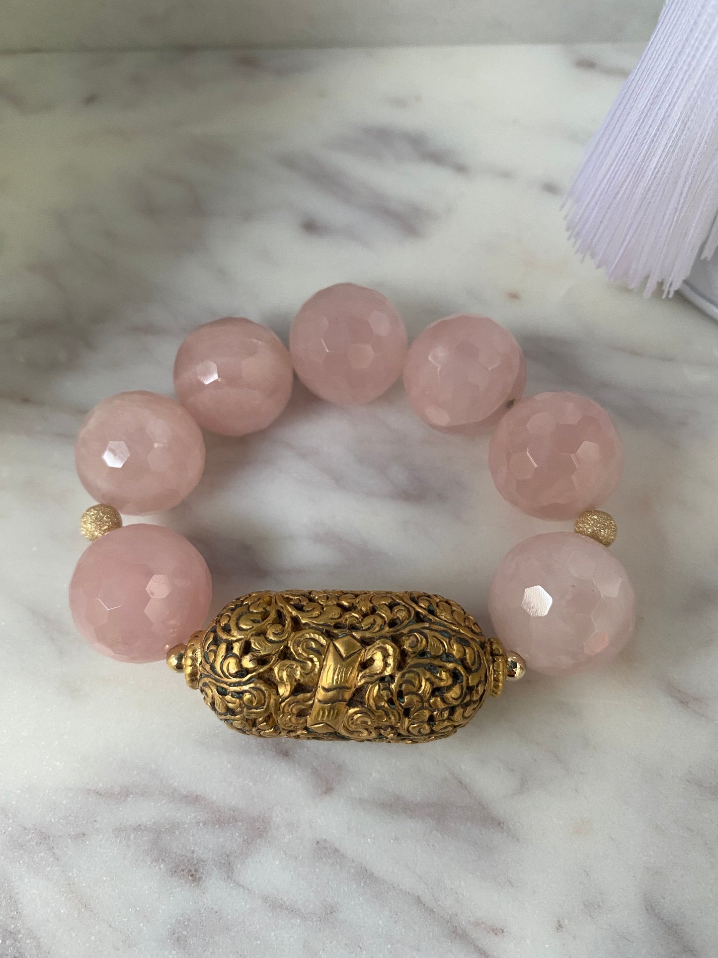 Shades of Pink Faceted Rose Quartz With Tibetan Focal Statement Stacker