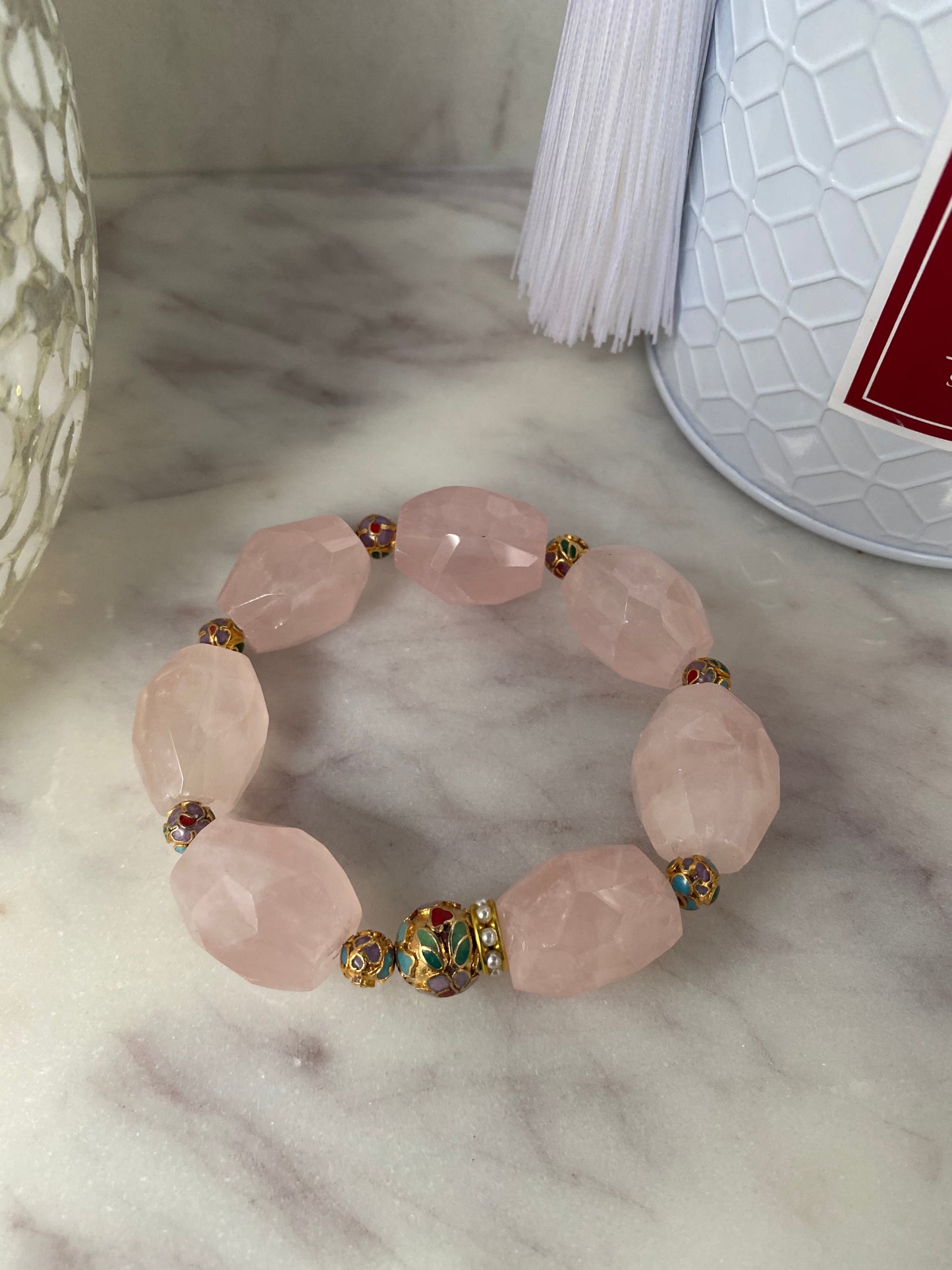 Shades of Pink Rose Quartz and Vintage Cloissone Statement Stacker