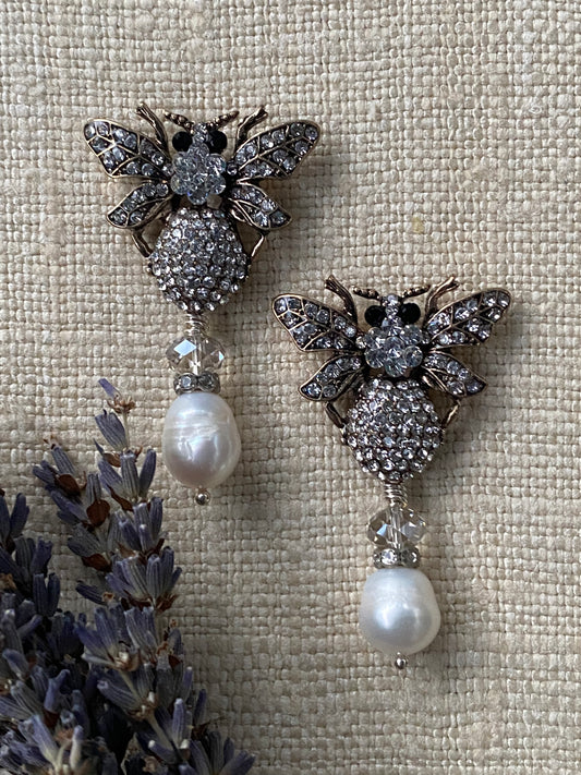 Talismans and Amulets Insetto Pave Bee and Freshwater Pearls Earrings