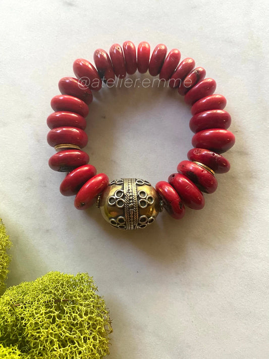 Boho Luxe Collection Coral Rondelle with Afghan Tribal Focal Bead Chunky Stacker