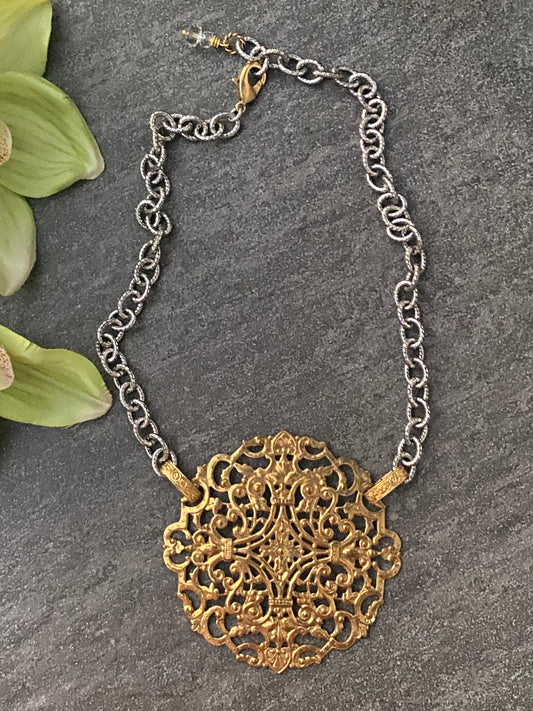 La Belle Époque Collection Vintage Brass Medallion Necklace