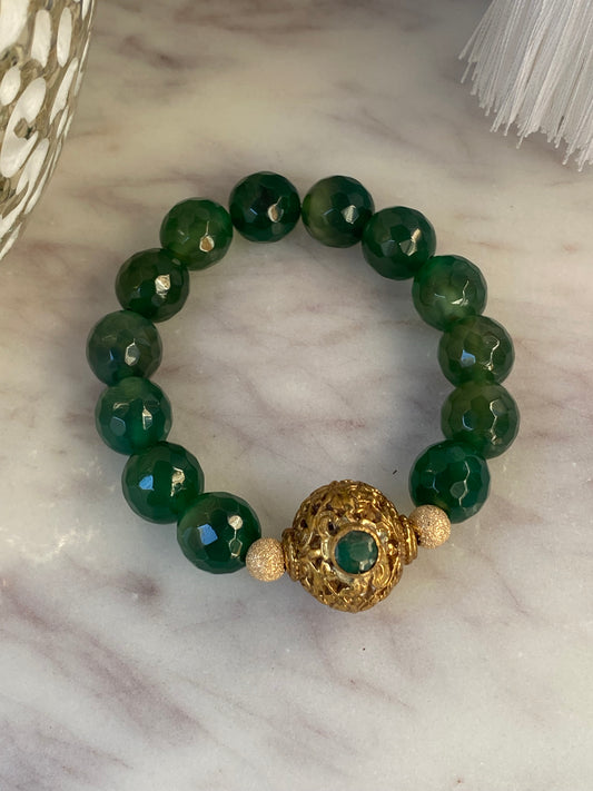 Boho Luxe Verdant Faceted Jade with Emerald Tibetan Repousse Focal Bead
