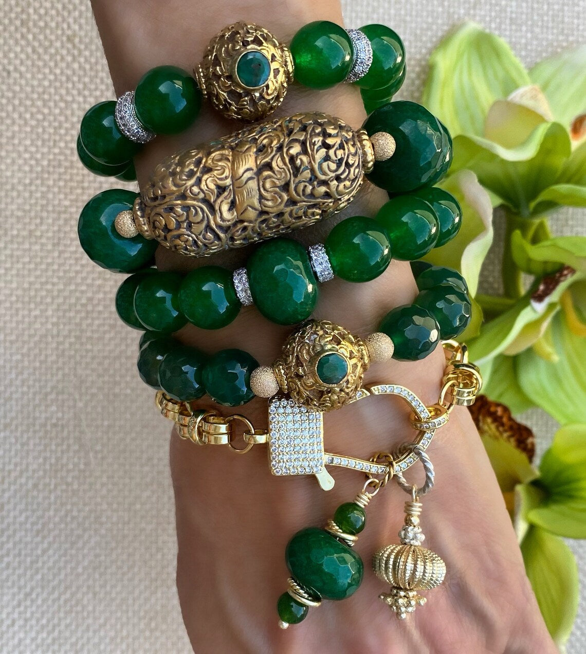 Boho Luxe Green Onyx with Emerald Tibetan Repousse Focal Bead
