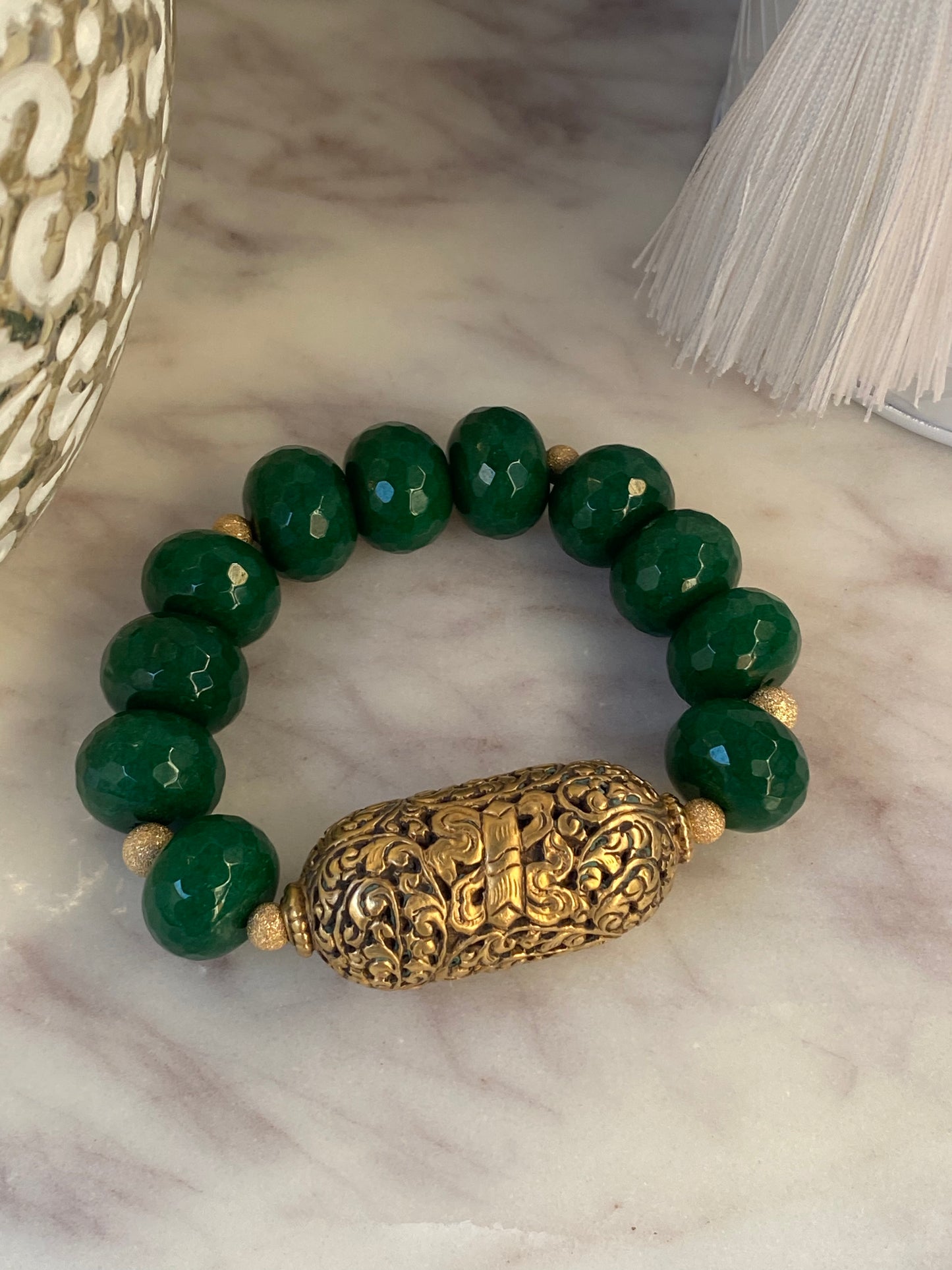 Boho Luxe Verdant Faceted Jade and Tibetan Focal Bead Chunky Stacker